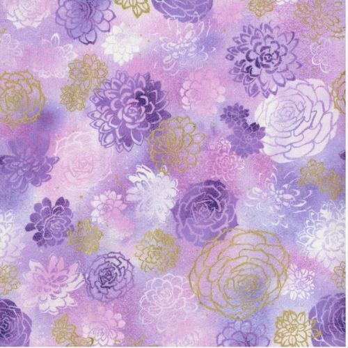 Fabric Remnant - Summer Blooms Floral Metallic Purple 70cm