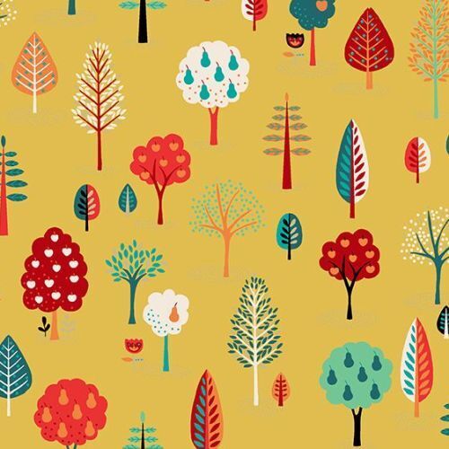 Fabric Remnant -Folk Friends Scattered Trees Yellow 57cm