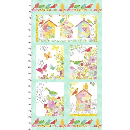 Happy Meadow Watercolour Bird Butterfly Floral Panel  FT12311