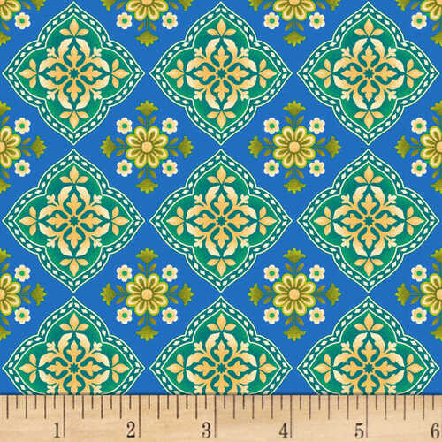 * SALE * Butterfly Dreams Medallion Floral Blue Per Metre