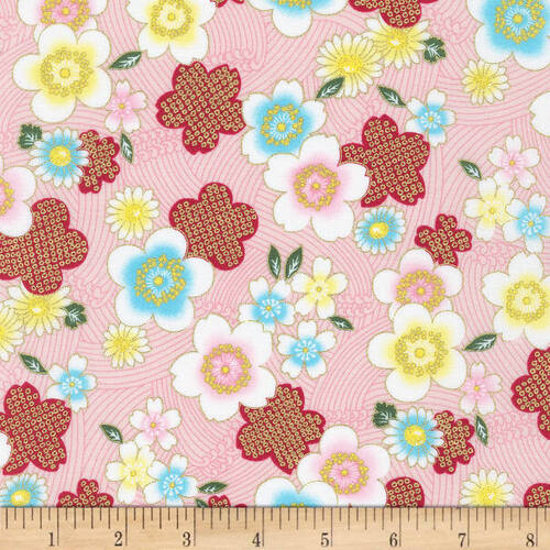 * SALE* Sakura Brook Metallic Oriental Floral Pink Per Metre