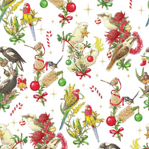 Fabric Remnant -Aussie Christmas Bush Birds White 42cm