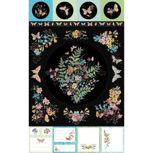 Meadow Edge Butterfly Floral & Tags Panel Black MASD10001-J 