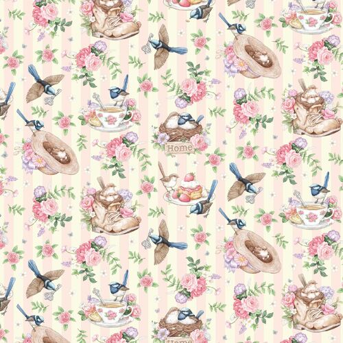 Fabric Remnant -Little Wren Cottage Bird Stripe 94cm