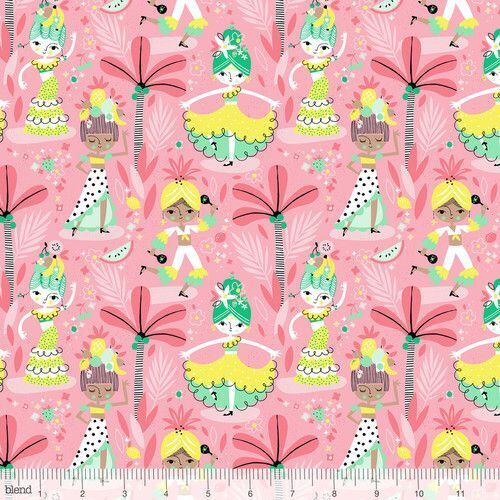 Fabric Remnant - Tropical Fruitopia Dancing Girls 90cm