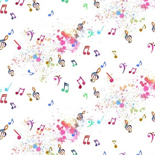 Fabric Remnant- Retro Music Notes Multi White 50cm