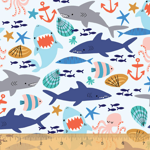 Fabric Remnant-Cubby Bear Flannel Sea Life Sharks Fish 48cm