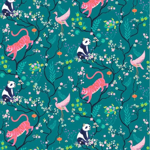 Blossom Days Oriental Animals Teal D2339