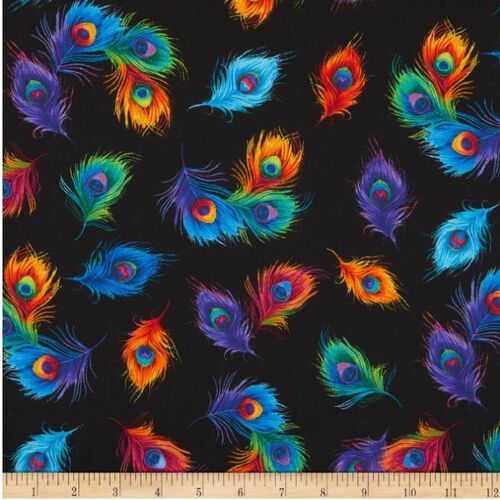 Fabric Remnant- Glow Rainbow Tossed Peacock Feathers 80cm