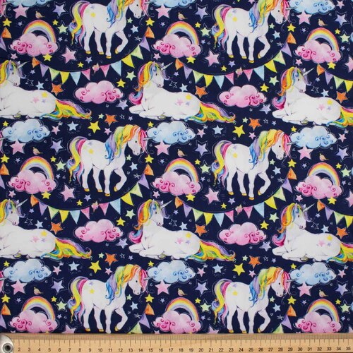 Rainbow Unicorns Bunting Fabric Navy 100754 
