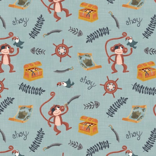 Ahoy Pirate Adventure Monkey Crew Treasure Chest Fabric 105