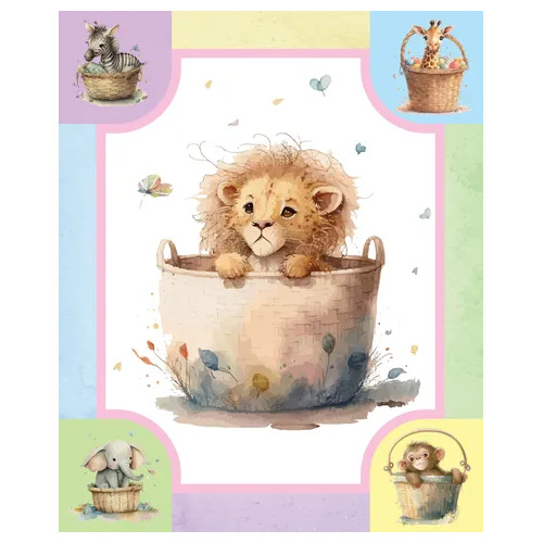 Devonstone Baby Lion Basket Cot Quilt Panel DV6135