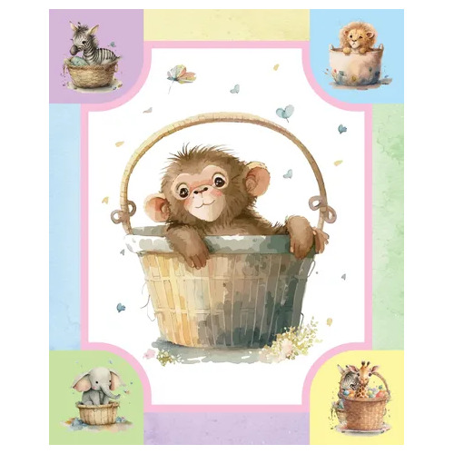 Devonstone Baby Monkey Basket Cot Quilt Panel DV6134
