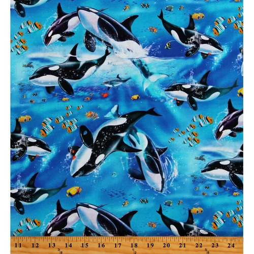 Fabric Remnant-Sea Life Diving Orca Whales Fish 32cm