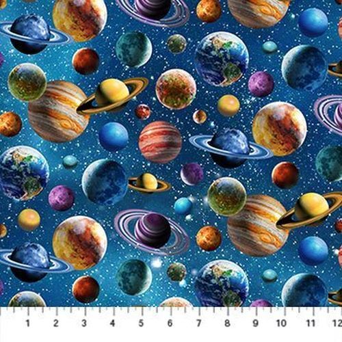 Fabric Remnant - Universe Galaxy Planets Blue 52cm