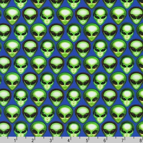 Fabric Remnant -Area 51 Alien Faces Digital Midnight 94cm