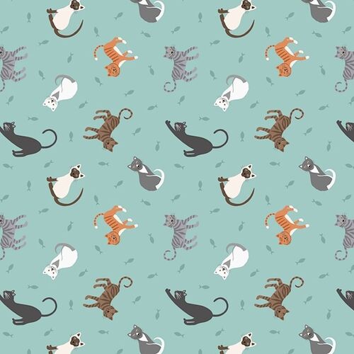 Fabric Remnant-Small Things Cats Kittens Meow Turquoise 68cm