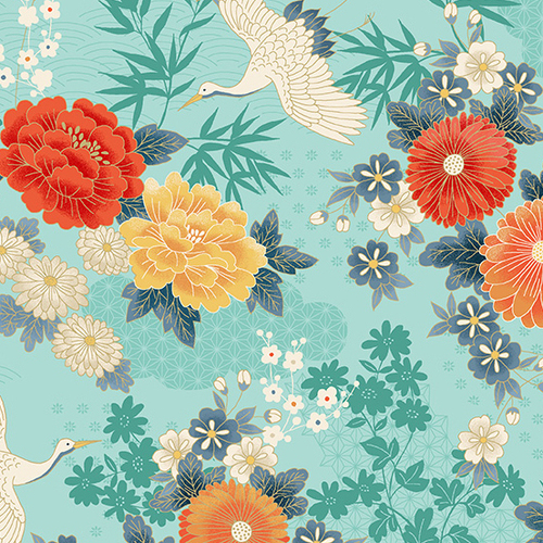 Fabric Remnant- Michiko Oriental Floral Cranes 56cm