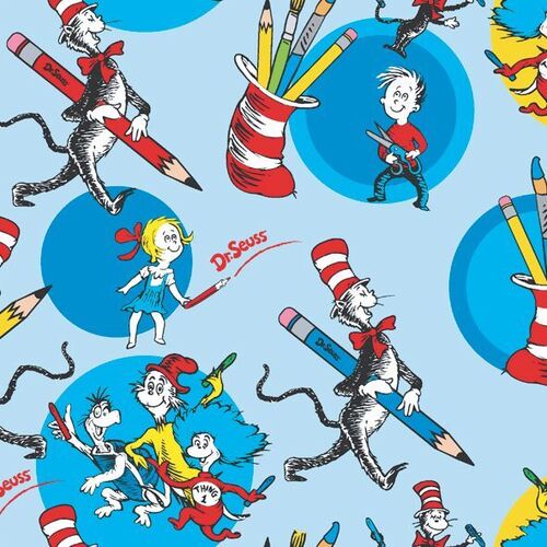Fabric Remnant-Express Yourself Dr Seuss Cat In Hat Pencils 90cm