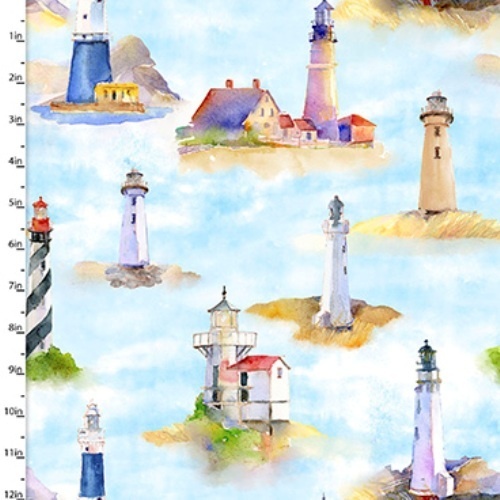 Fabric Remnant - At The Shore Lighthouses Nautical  76cm