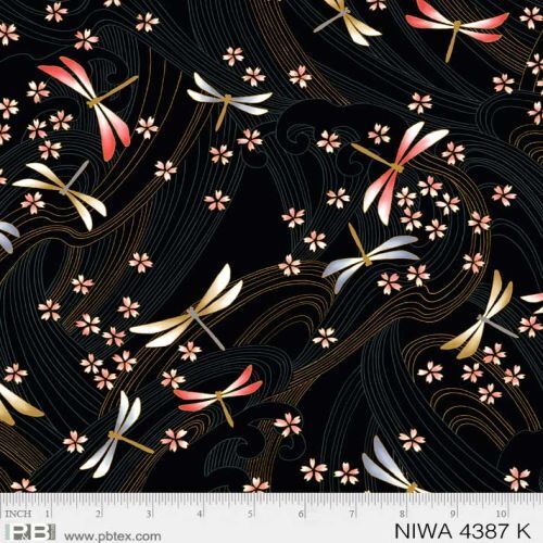 Fabric Remnant -	Niwa Metallic Oriental Dragonfly Black 72cm