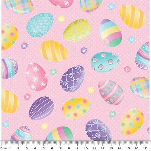 Fabric Remnant -Spring Garden Gnomes Easter Eggs Pink 88cm