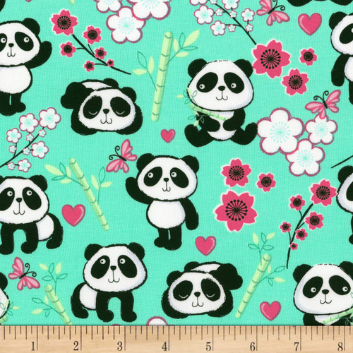 Fabric Remnant - Pandas and Blossom Flowers Aqua 67cm