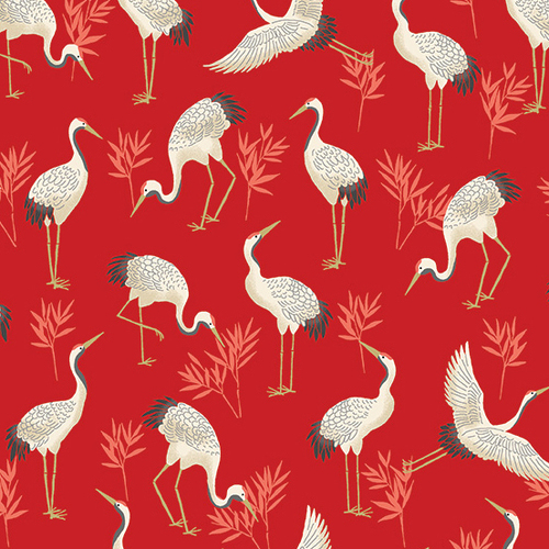 Fabric Remnant -	Michiko Oriental Cranes Red 75cm