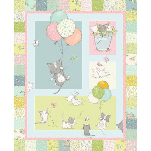 Playful Spring Kittens Quilt Balloons Panel DV6335