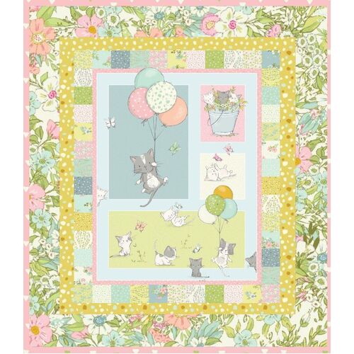 Playful Spring Kittens Floral Quilt Panel Kit
