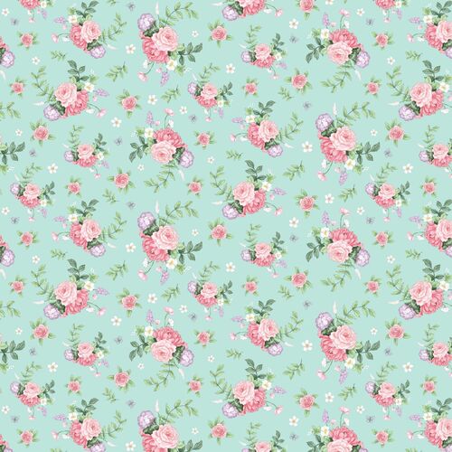 Fabric Remnant -Little Wren Cottage Floral Aqua 51cm
