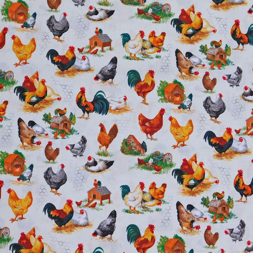 Fabric Remnant -Chicken Talk Scenic Country Roosters Chicks 52cm