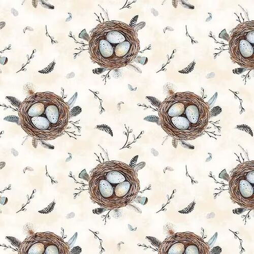 Fabric Remnant -Feathered Nest Chicadee Birds Feathers Toss 72cm