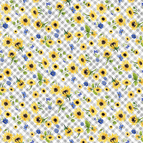 Sunflower Bouquets Digital Floral Check Grey Y3910-6