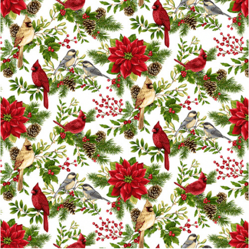 Winter Garden Christmas Birds Poinsettias Branches Cream 2830-33