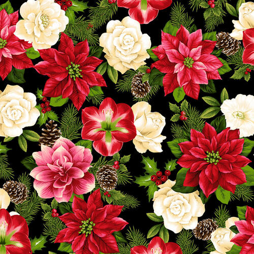 Winter Garden Christmas Flowers Allover Black 2826-99