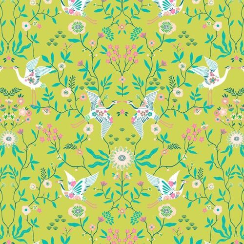 Fabric Remnant-Blossom Days Oriental Cranes Floral Lime 37cm