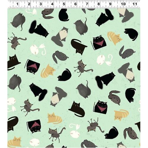 Fabric Remnant-Snarky Cats Kitten Play Mint Green 83cm