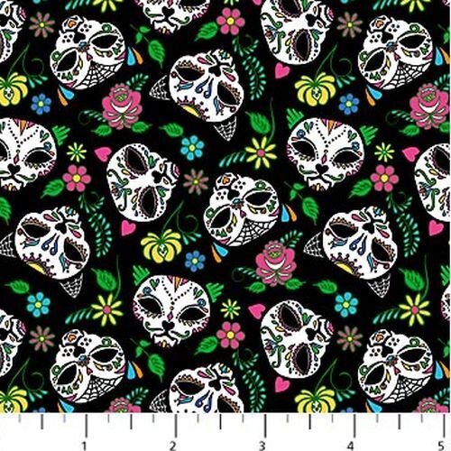 Fabric Remnant- Nine Lives Floral Cat Heads Black 62cm