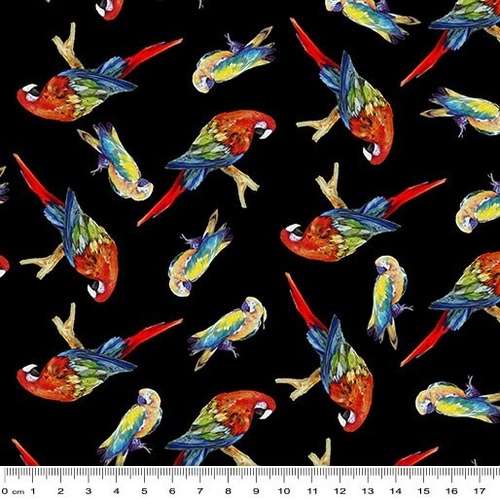 Fabric Remnant-Rainforest Tossed Parrots Black Multi 77cm