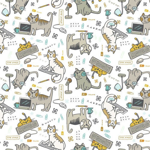 Fabric Remnant -  Keyboard Cats Mischief White 64cm