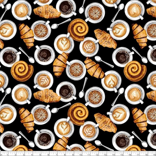 Fabric Remnant - The Love Of Coffee Pastries Black 76cm