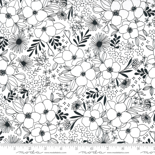 Fabric Remnant -Moda Illustrations Wide Florals Black White 72cm