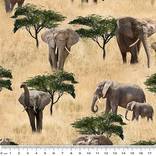 Fabric Remnant -African Safari Elephants Savannah 70cm