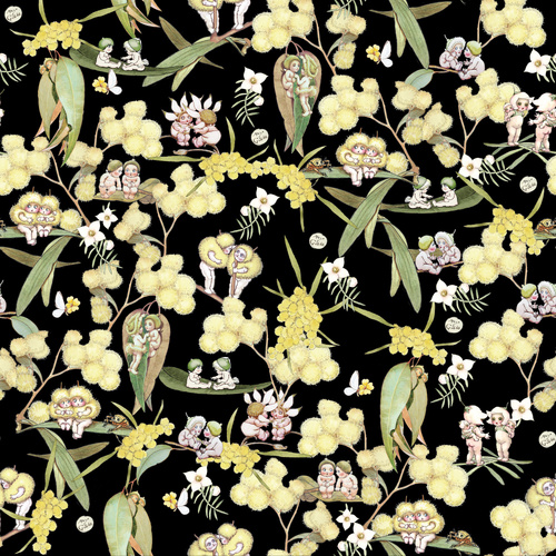 May Gibbs Gossiping Snugglepot Cuddlepie Floral Black MG1017
