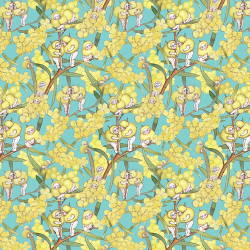 May Gibbs Blossom Babies Wattle Floral Teal MG1006