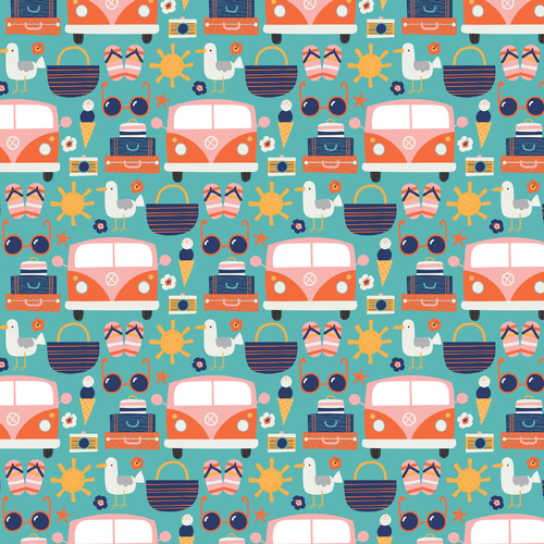 Fabric Remnant- 	 Devonstone Vacation VW Kombi Van Camping 30cm