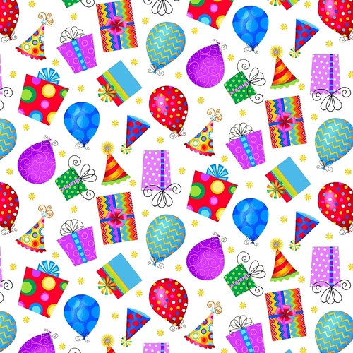 Fabric Remnant- Tossed Presents Balloons Multi 64cm