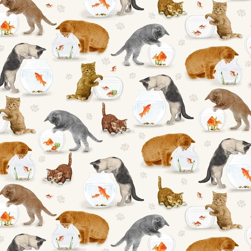 Fabric Remnant-Cats Kittens Fish Bowls Cream 36cm