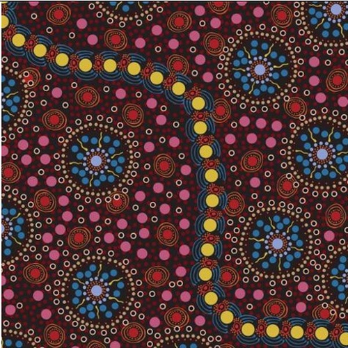 Fabric 2nd - Aboriginal Art Dreamtime Flowers - Black Per Metre